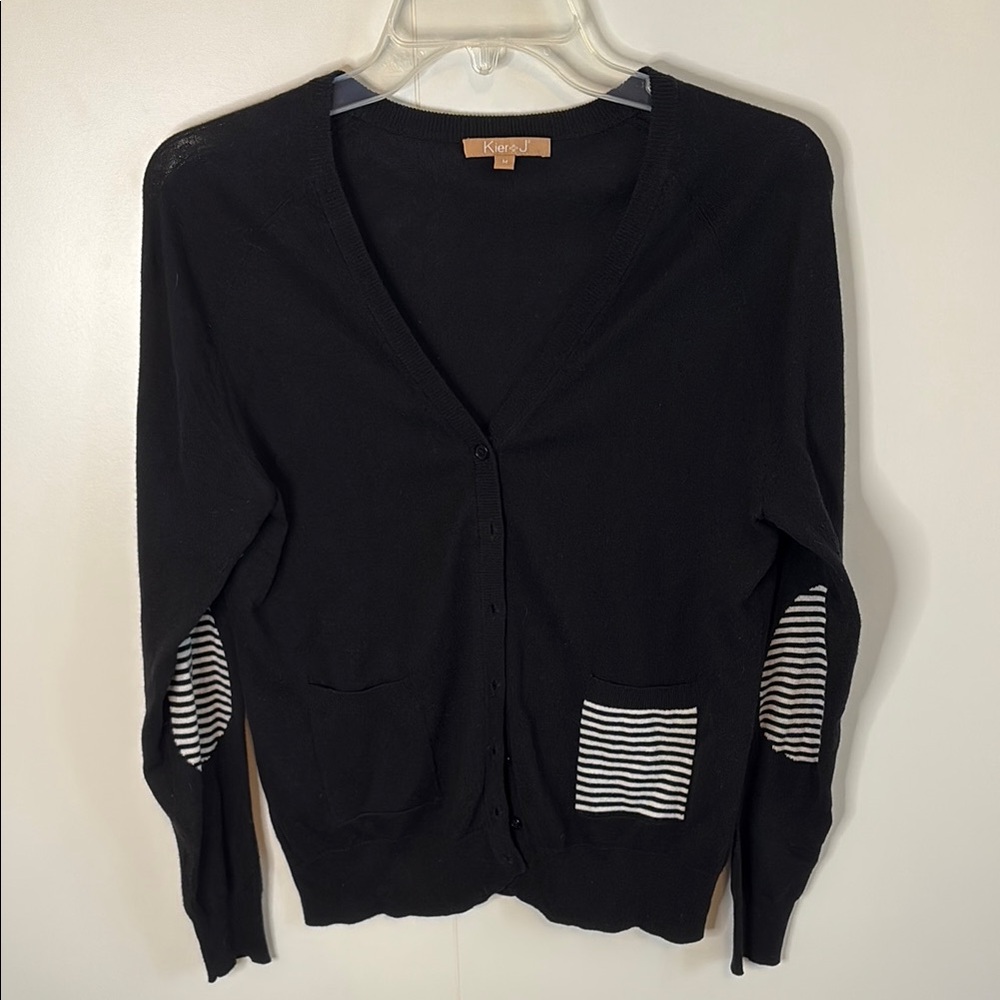 KIER + J Black V-Neck Cardigan with Striped Pockets